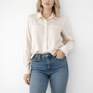 Lauren Ralph Lauren Ivory Silk-Look Button Down Blouse XXL Minimalist Classic